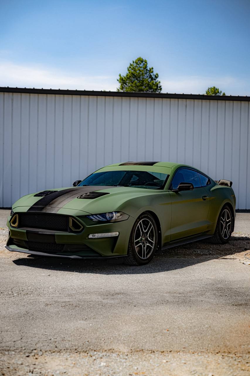 Matte green Mustang front view